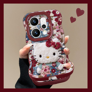适用于OPPOReno15Pro手机壳14新女款碎花kitty猫13/12酒红色新年10/9隐形双支架7/6软硅胶Findx9/8pro波浪边