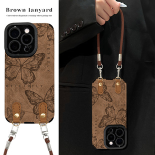 线条蝴蝶挂绳适用苹果16promax手机壳iphone13复古15贴皮14硅胶11
