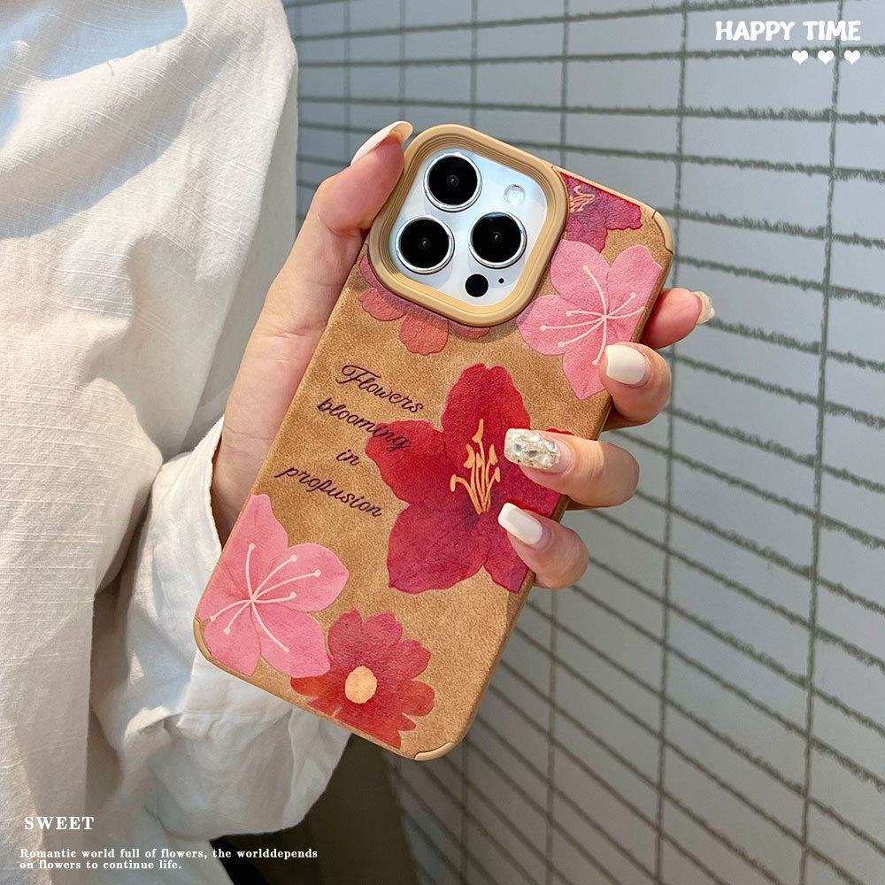 秋冬暖手棕色贴皮红棕花