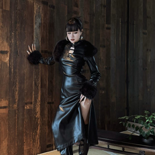 旗袍连衣裙女黑色高弹皮裙秋冬毛领 新中式 Blackgirl 蛇蝎女人