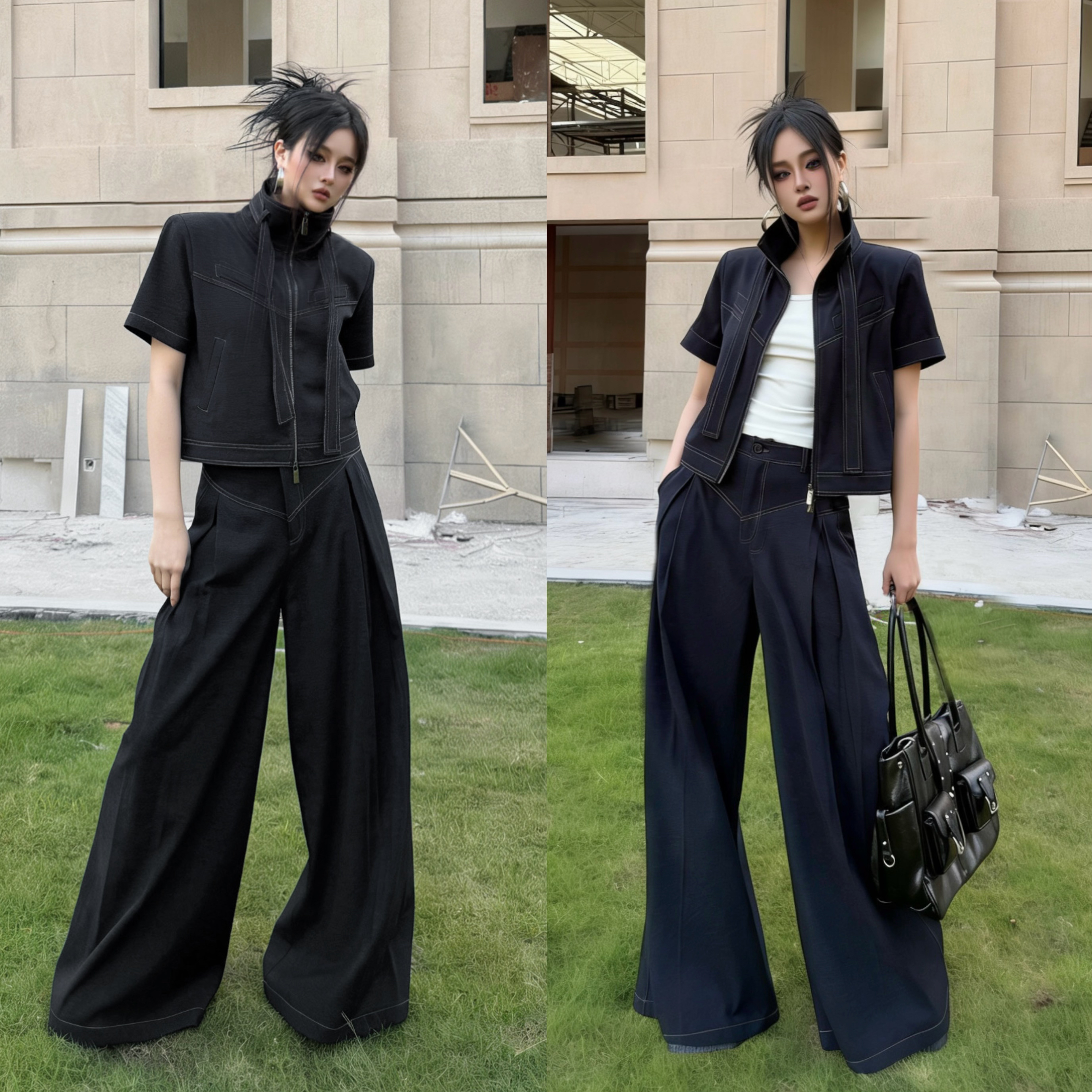 Blackgirl新款【街头硬帅2】早春短款拉链外套高腰阔腿裤两件套装