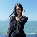 Blackgirl 上衣半裙组合连衣高级气质 黑色沙滩 V领薄纱显瘦套装