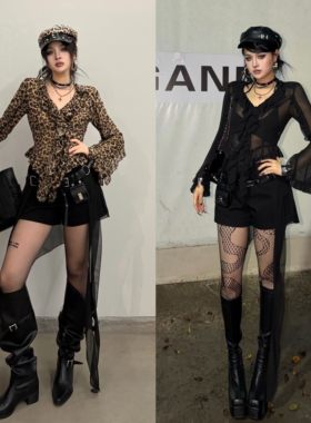 Blackgirl显瘦长袖豹纹性感衬衫