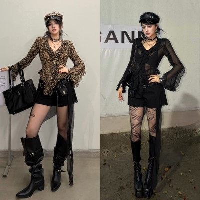 Blackgirl显瘦长袖豹纹性感衬衫