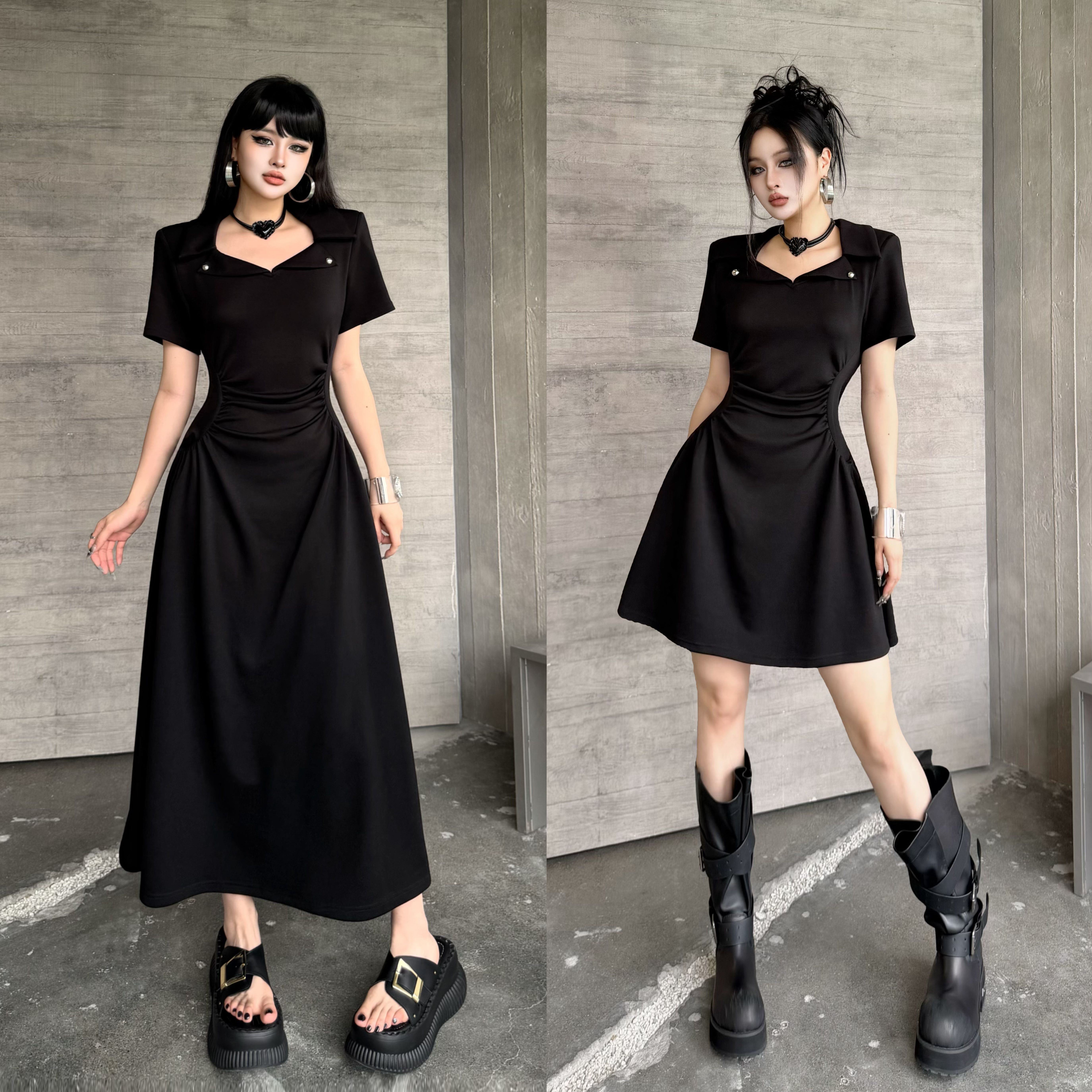 Blackgirl【时尚宠儿】法式收腰小黑裙方领高级气质小礼服连衣裙
