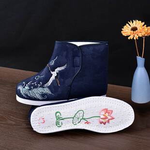 新中式男寿鞋高帮棉鞋老北京布鞋绣莲花天梯鞋底仙鹤寿衣殡葬用品