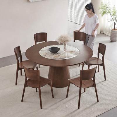 现代简约实木六人餐桌圆桌圆形家用小户型内嵌转盘旋转圆餐桌椅子