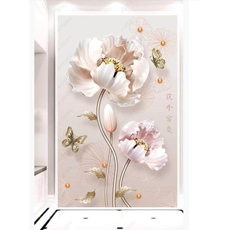 3D立体浮雕牡丹花开富贵玄关背景墙壁纸走廊过道竖版进门墙壁画