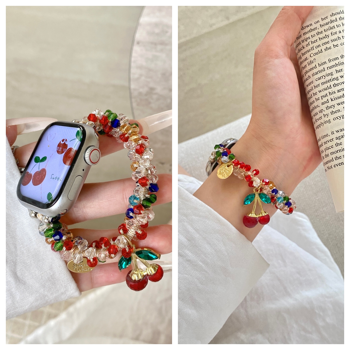 鸿珠子樱桃适用苹果s10智能运动手表替换表带iwatch9/8/7表链串珠弹力绳iwatchS10水晶42mm秋冬新年女款fit4