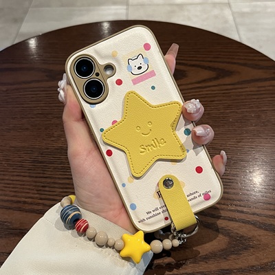 精孔皮质纹彩波点小狗星星带手链适用苹果17pm手机壳iPhone16promax波点15防摔14保护套13木串腕带2025女新款