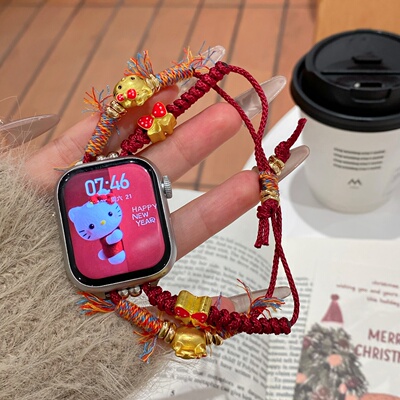 赛新年编绳款适用iwatch11智能手表替换带KT猫ultra金珠红绳铜钱苹果 9/8/7华为gt6pro表链fit3小米手环9腕带