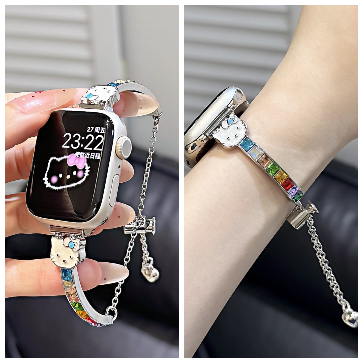 赛kt彩钻手镯链适用苹果iwatchS10运动手表带SE9水钻华为FIT4粉fit3女GT5pro高级感GT4小米手环9pro/8pro腕带