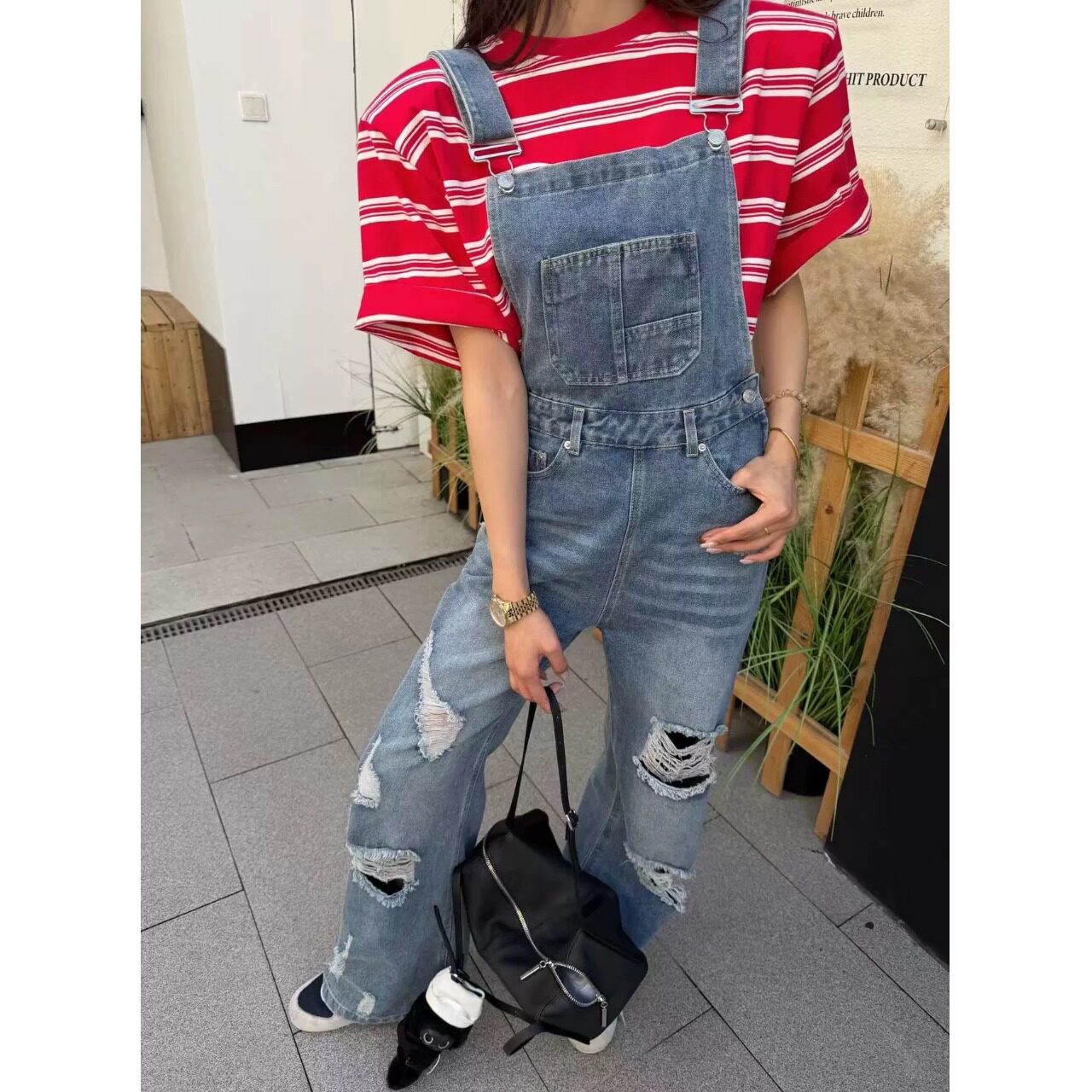 港风复古水洗破洞牛仔背带裤女夏新款宽松显瘦连体裤直筒阔腿长裤