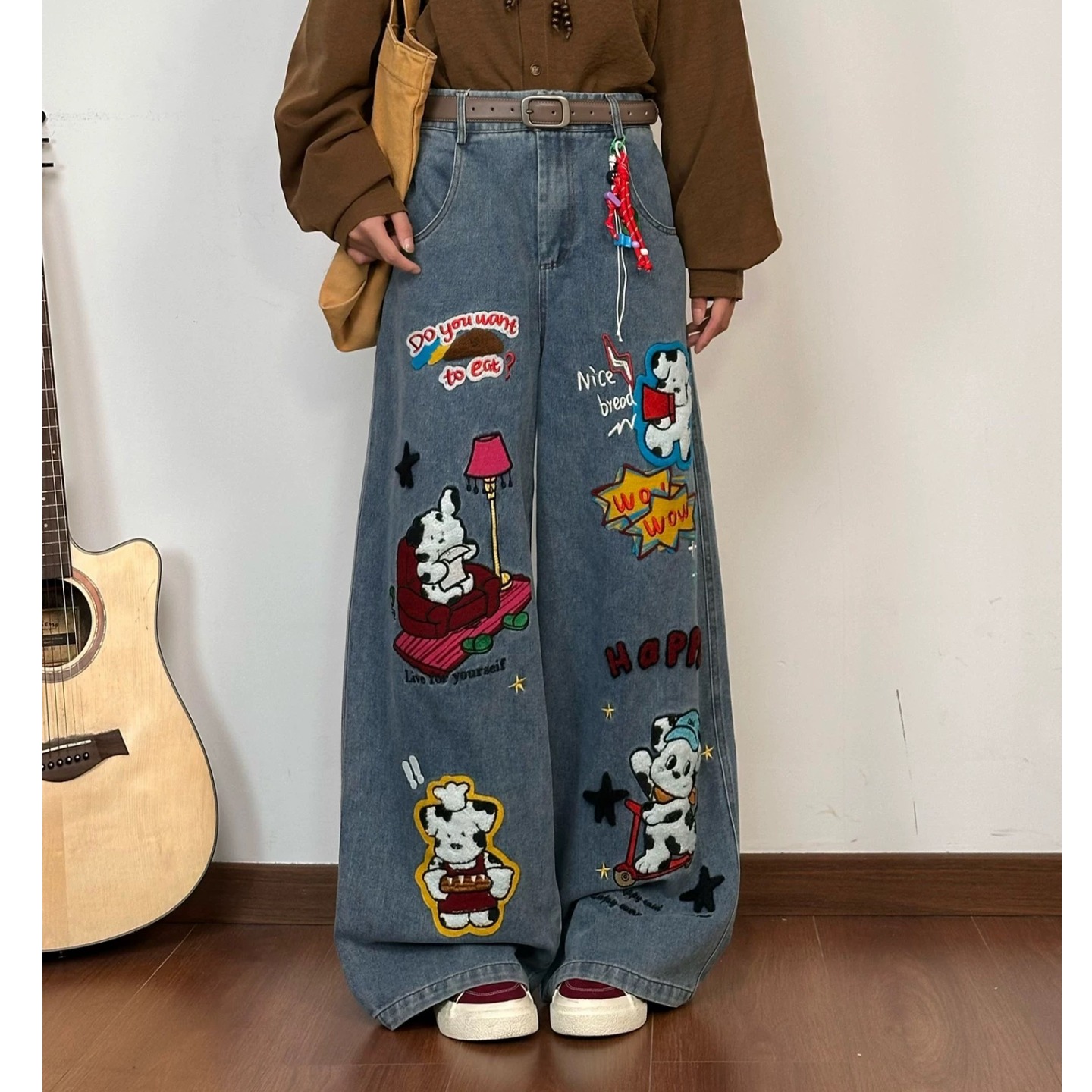 2025新款长款美式复古卡通刺绣牛仔裤女秋季新款宽松百搭阔腿长裤