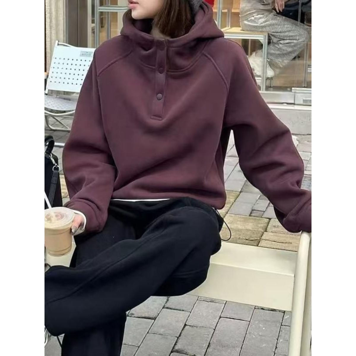 2025新款女装纯棉绒半开领连帽加绒卫衣女秋冬季宽松长袖上衣女装