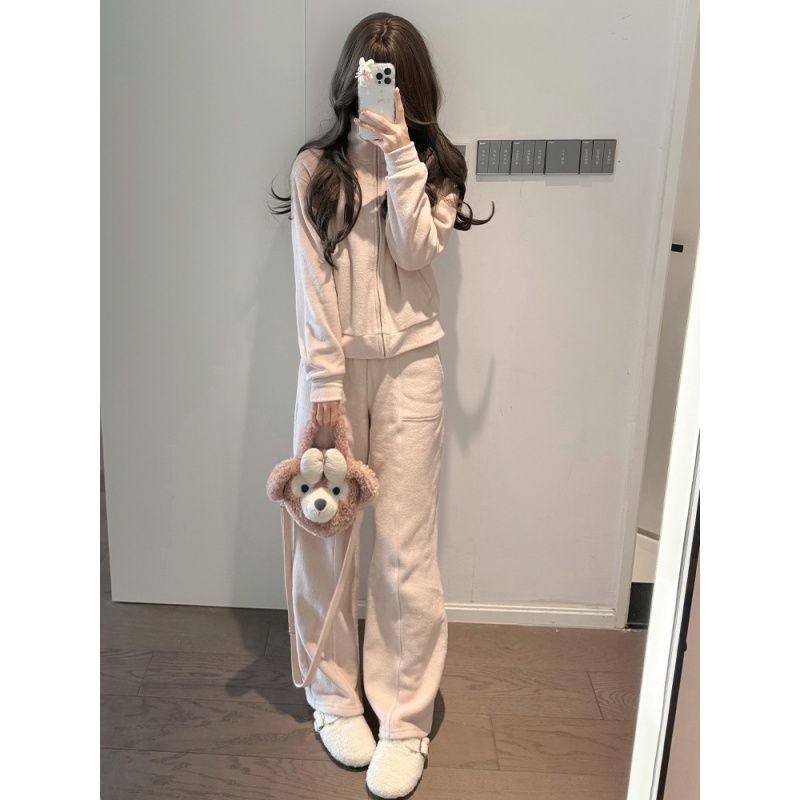 韩系少女感粉色卫衣运动服套装女秋冬加绒立领宽松休闲减龄两件套