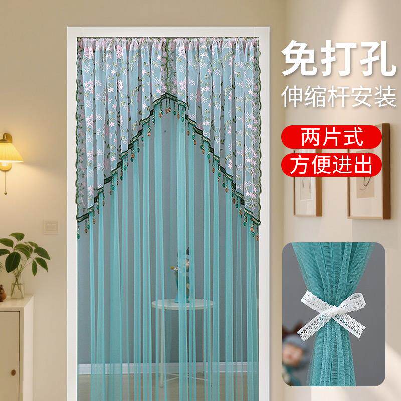 法式风红门帘绣花纱门帘唯美装饰隔断帘免打孔结婚庆喜庆防蚊装饰