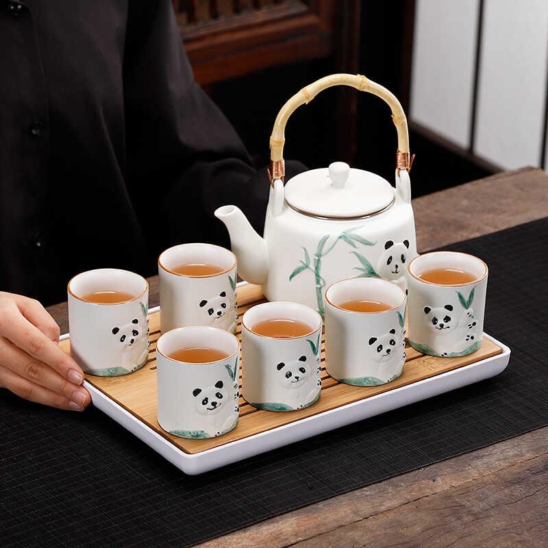 熊猫提梁壶功夫茶具套装手绘陶瓷可爱风家用中式简约大号茶壶茶杯