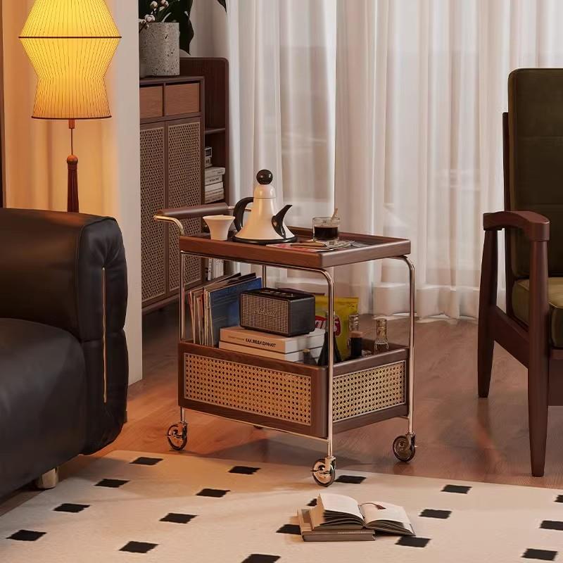实木可移动边几中古小推车客厅沙发零食置物架子藤编简约餐车