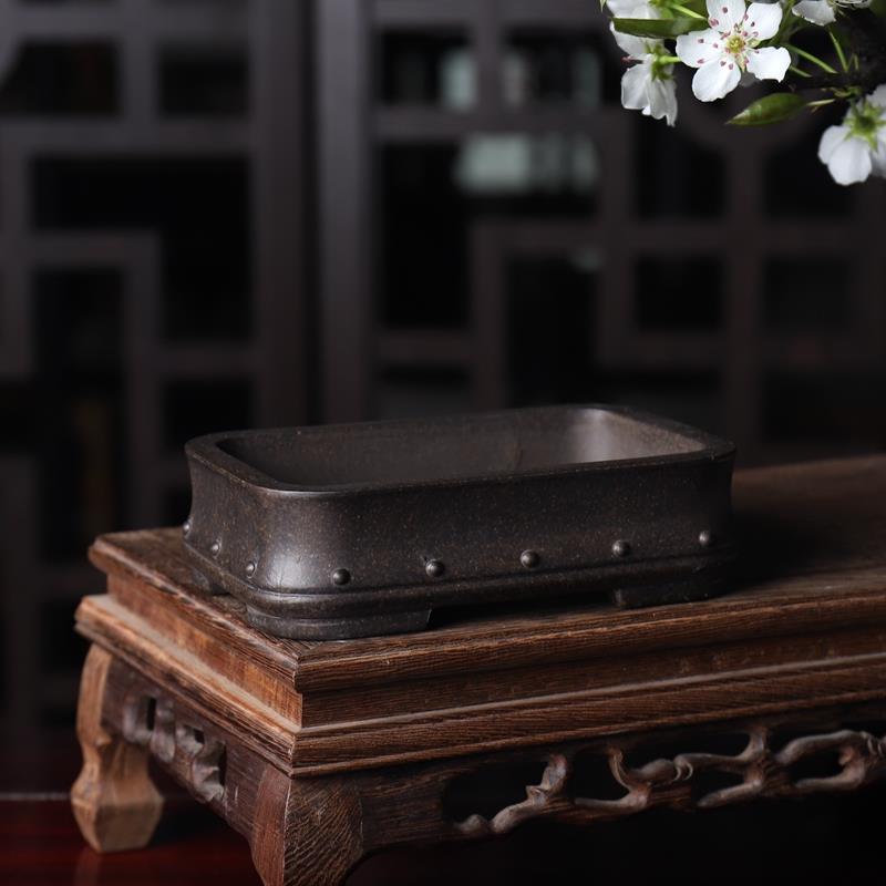 『竹节鼓钉小长方』暖暖花器 精品紫砂小花盆 古铜泥盆 盆景微盆