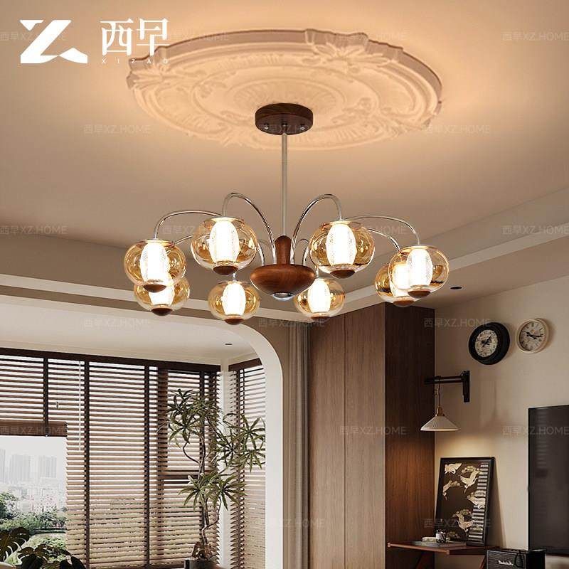 琥珀新款中古风客厅吊灯胡桃色白蜡木高级感轻奢法式复古卧室主灯