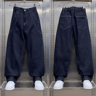 明显设计休闲长裤 潮牌美式 宽松百搭直筒裤 男冬季 子 加绒蓝色牛仔裤