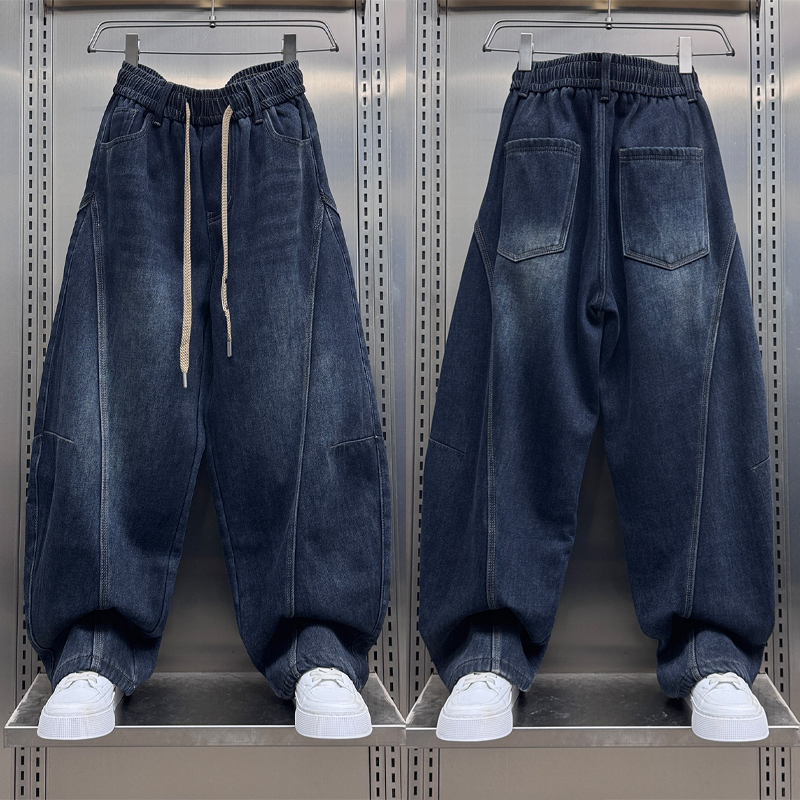 美式高街复古拼接直筒弯刀裤