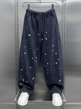 潮男个性泼墨涂鸦运动休闲裤2025秋冬宽松小众设计垂感直筒卫裤潮