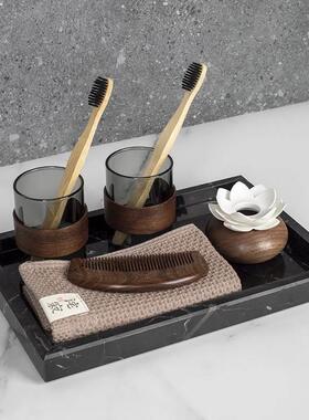 新中式卫生间卫浴托盘牙刷毛巾梳子洗漱套装样板间浴室柜台面摆件