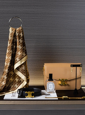 轻奢样板间软装棕色系衣帽间装饰女士包包腰带丝巾首饰梳妆台摆件
