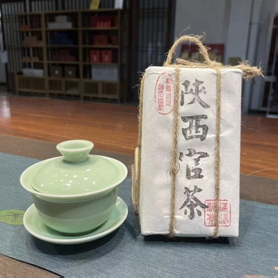 陕西小官茶金花茯砖茶饱满黑毛茶300g古法手筑款送茶刀仿草绳包装