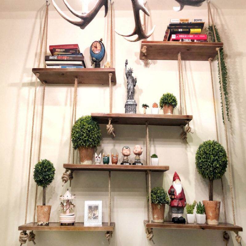 创意简约墙上置物架麻绳一收纳隔板实木装饰壁挂架客厅字墙壁架子