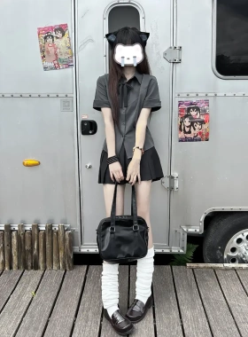 jk制服夏季辣妹新款制服收腰衬衫深灰色学院风短袖甜辣上衣显瘦