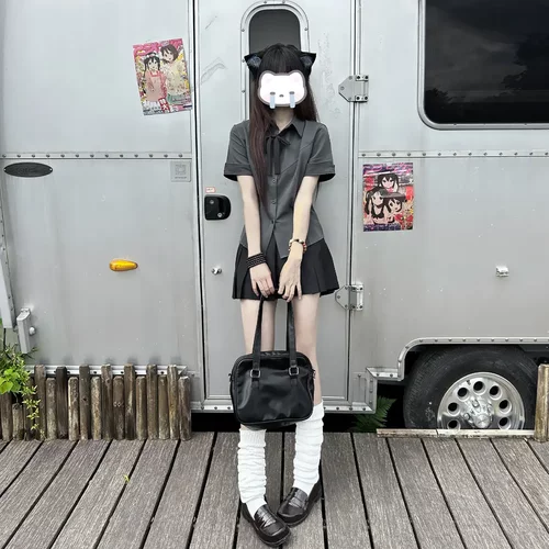 jk制服夏季辣妹新款制服收腰衬衫深灰色学院风短袖甜辣上衣显瘦