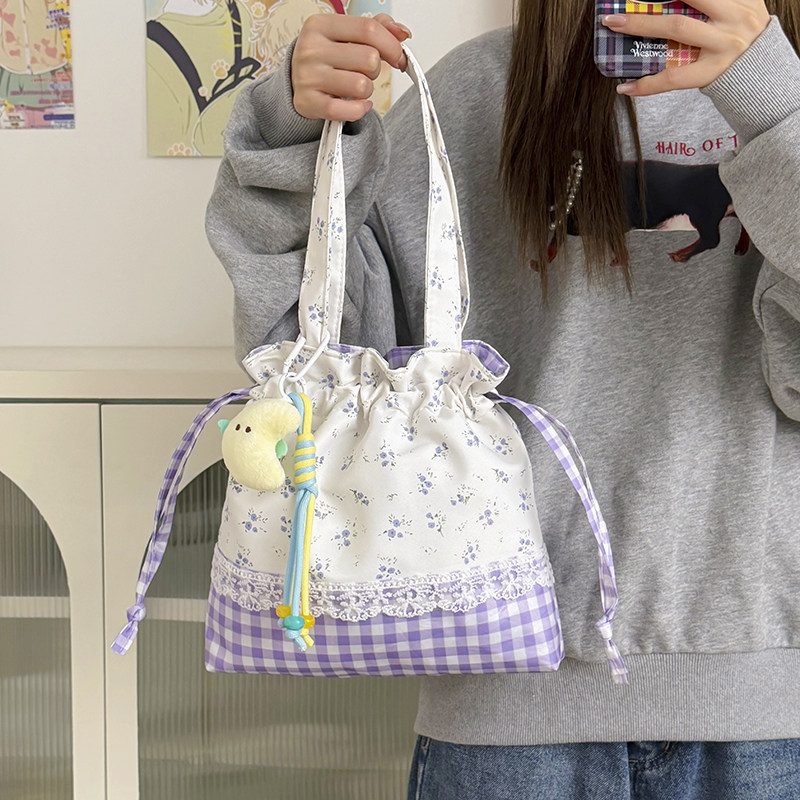 日韩风碎花格子大容量水桶包