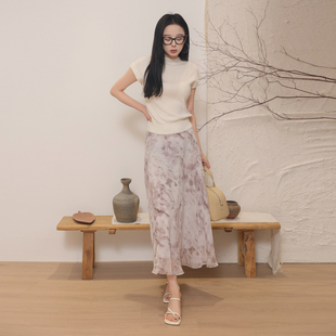 AIRIQI奥莱女装 垂感半裙都市休闲水墨晕染气质半身裙AH42BQ203