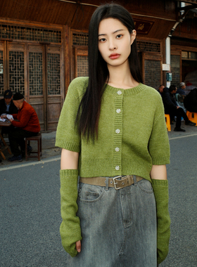 AIRIQI奥莱女装圆领针织衫时尚百搭显瘦短款开衫AX41KS150