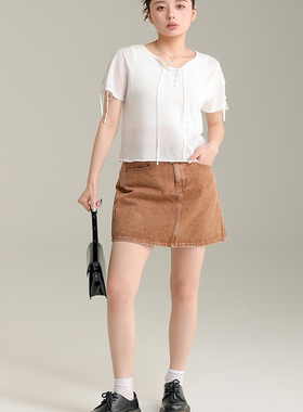 AIRIQI奥莱女装辣妹绑带休闲百搭针织毛衫短袖上衣女AN32MS737