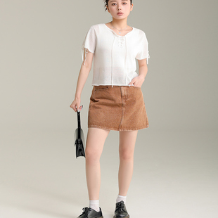 AIRIQI奥莱女装辣妹绑带休闲百搭针织毛衫短袖上衣女AN32MS737