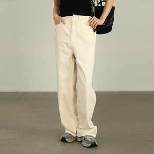 AIRIQI奥莱女装白色阔腿裤时尚直筒极简显瘦纯棉牛仔裤AI42NC049