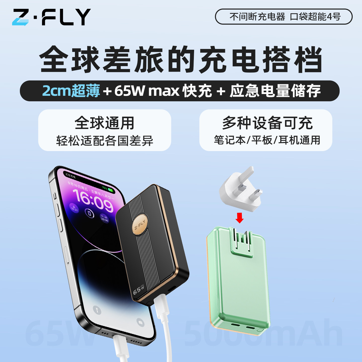 兼容全球插座出国商旅充电宝充电器电脑可用各国电压适用65W超薄双C口快充手机平板笔记本耳机可上飞机充电头