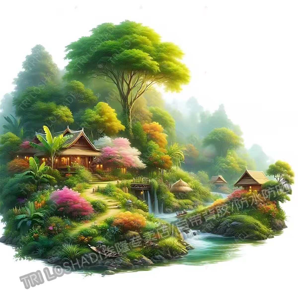 治愈绿色唯美风景贴画墙上客厅装饰小河流水贴画冰箱马桶贴纸自粘