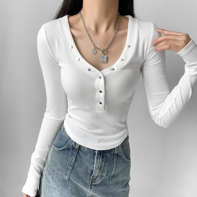 辣妹白色V领收腰长袖打底衫女春秋冬内搭修身显瘦上衣设计感小众