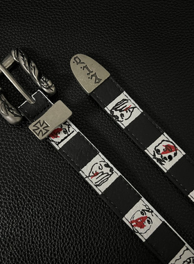 ERD忧郁的富二代鼻血腰带人物手绘图案棋盘格黑白皮带朋克个性裤