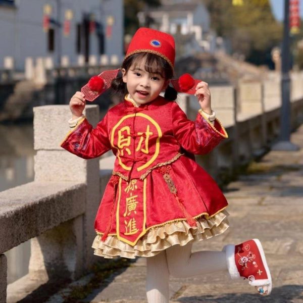 演出服儿童节财神爷年晚全套春衣服帽子装表2024新会裙子女cos服