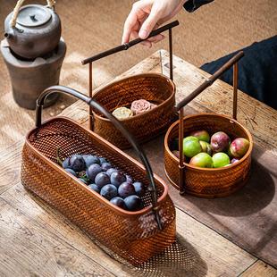 竹篮子手提篮 竹编点心篮水果篮手提筐 户外野餐收纳篮茶具收纳筐