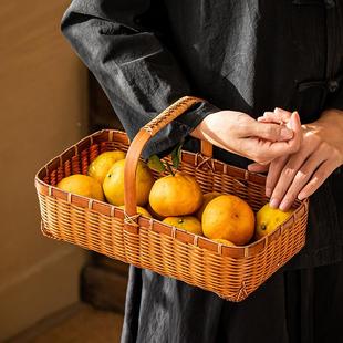 竹篮子茶具手提篮复古长方形 竹编收纳筐果篮 户外茶器收纳篮编织