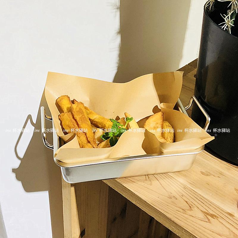 美式小吃炸鸡篮不锈钢方形薯条篮双耳小吃零食托盘糖果甜品盘子