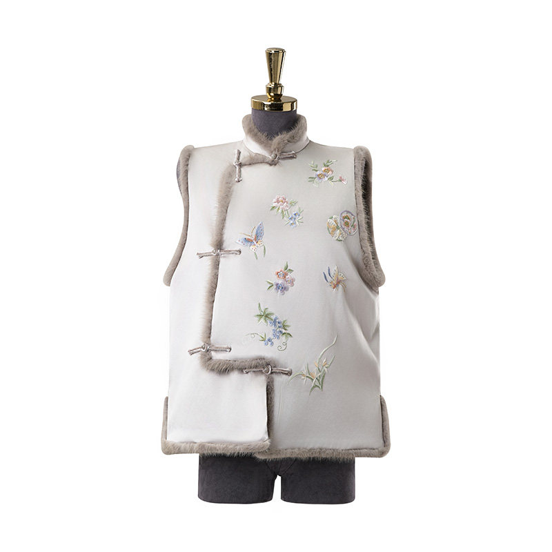 门里门外灰色手绣斜襟绒毛夹棉马甲BR25QS1160B
