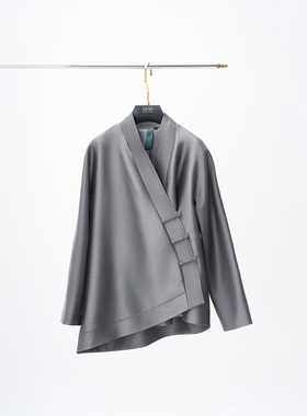 门里门外灰色斜襟V领长袖上衣外套BR25QS1015A